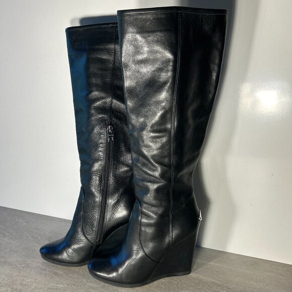 Coach SZ 7 Della Black Leather Wedge Heel Knee High Boot Closet Staple - Picture 5 of 11